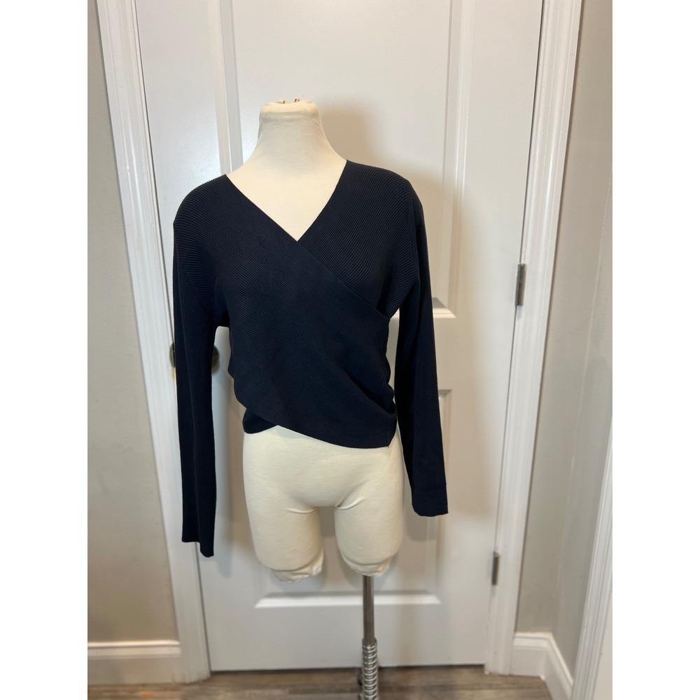 Michael Kors Womens Sweater Ribbed Faux Wrap Navy Blue XL
